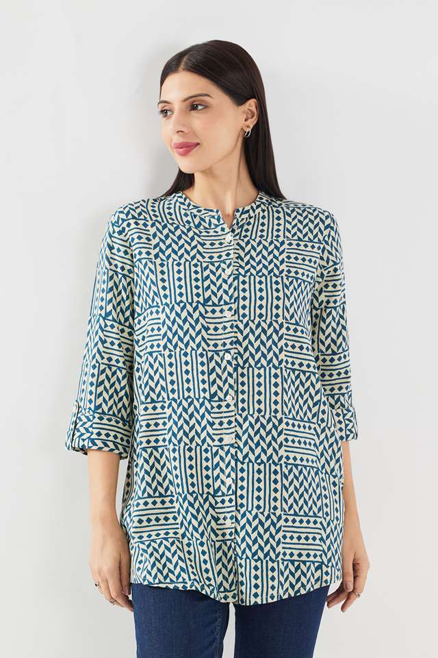 Geometric-Print-Blended-Fabric-Collared-Women-s-Kurti