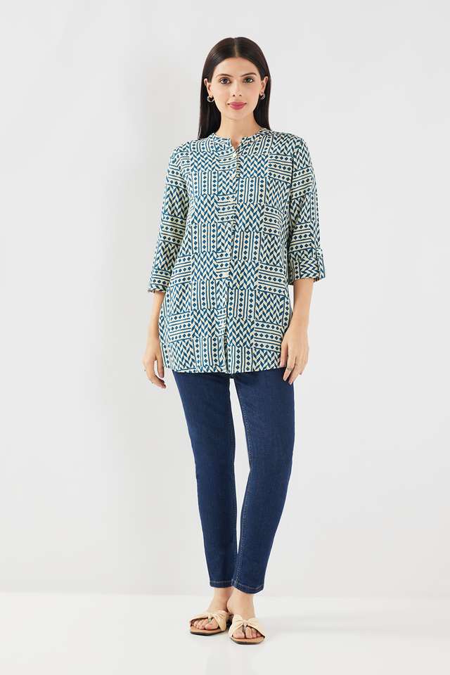 Geometric-Print-Blended-Fabric-Collared-Women-s-Kurti