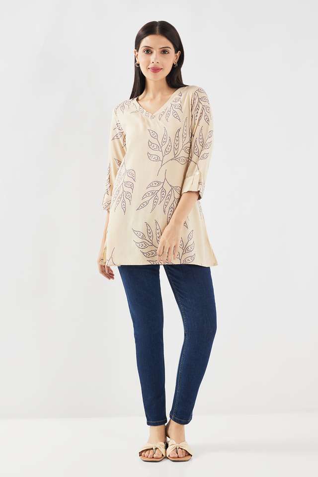 Floral-Blended-Fabric-V-Neck-Women-s-Kurti