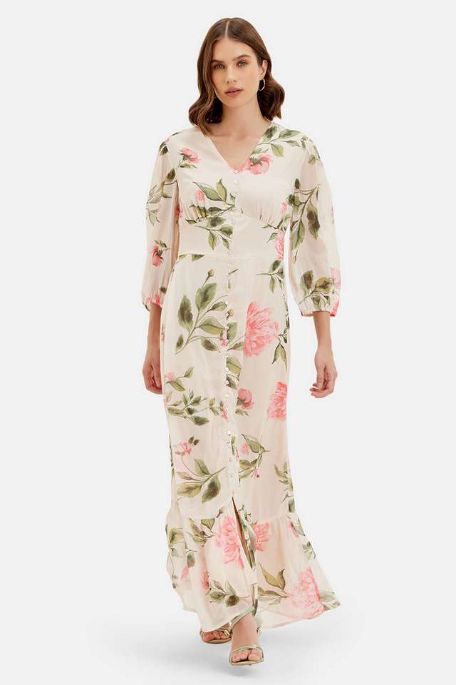 Buy Kazo Beige Printed Chiffon V-Neck Women's Maxi Dress