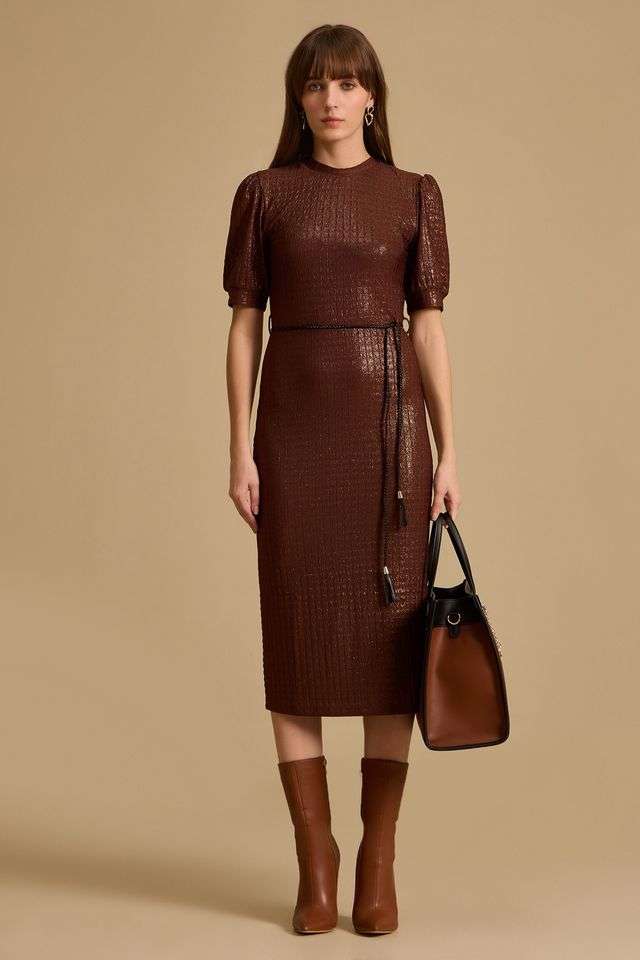 Textured-Polyester-Round-Neck-Women-s-Knee-Length-Dress