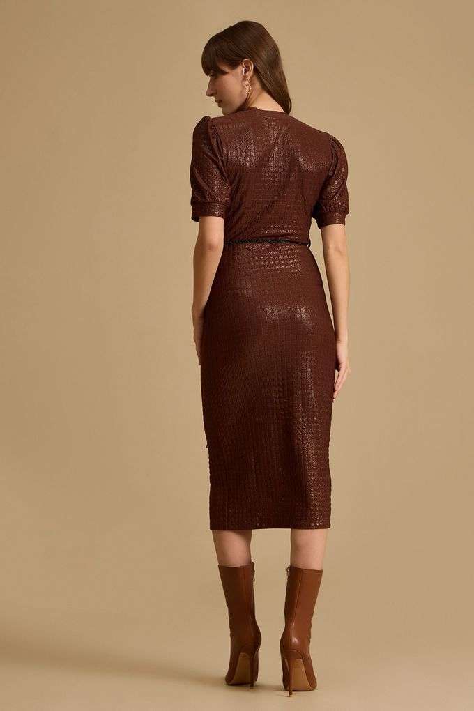 Textured-Polyester-Round-Neck-Women-s-Knee-Length-Dress