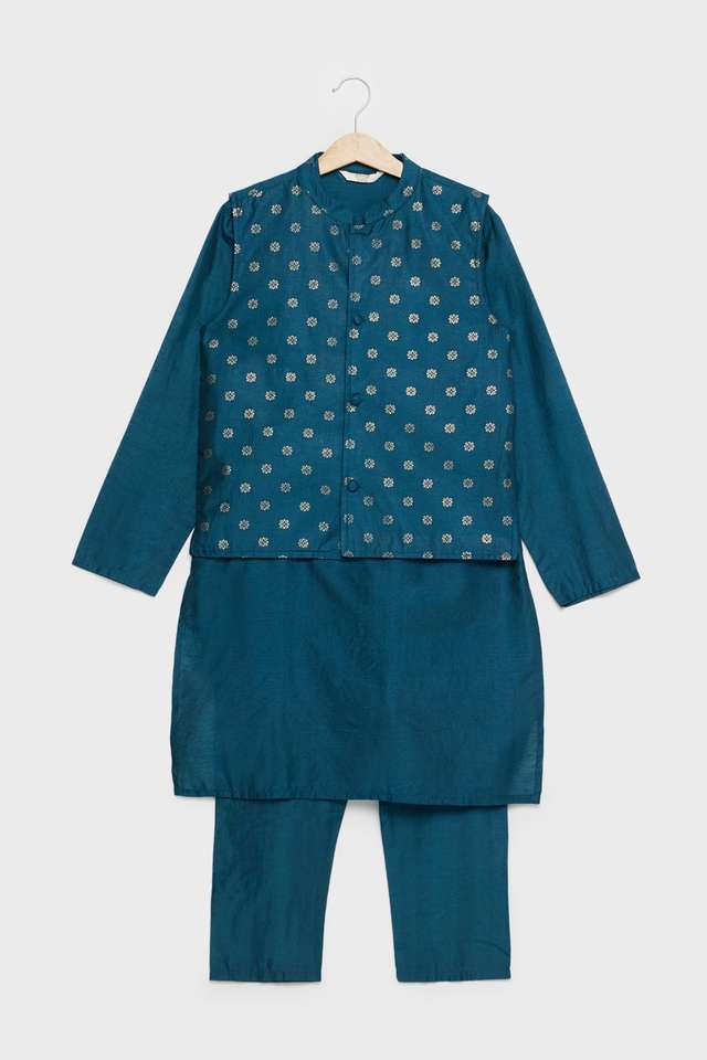 Printed-Blended-Fabric-Regular-Fit-Boys-Kurta-Pyjama-Jacket-Set