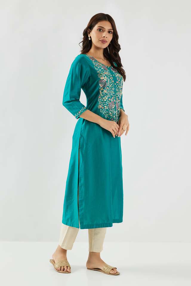 Solid-Blended-Fabric-Round-Neck-Women-s-Kurta