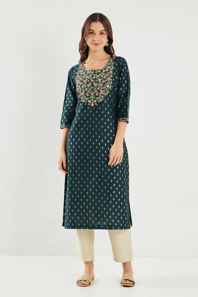 Embroidered-Blended-Fabric-Round-Neck-Women-s-Kurta