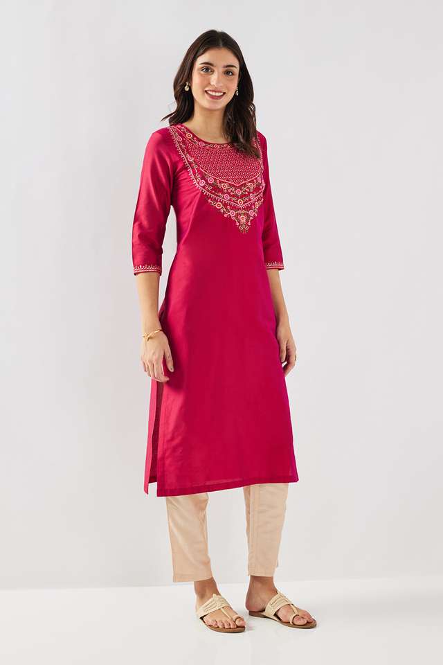 Solid-Blended-Fabric-Round-Neck-Women-s-Kurta