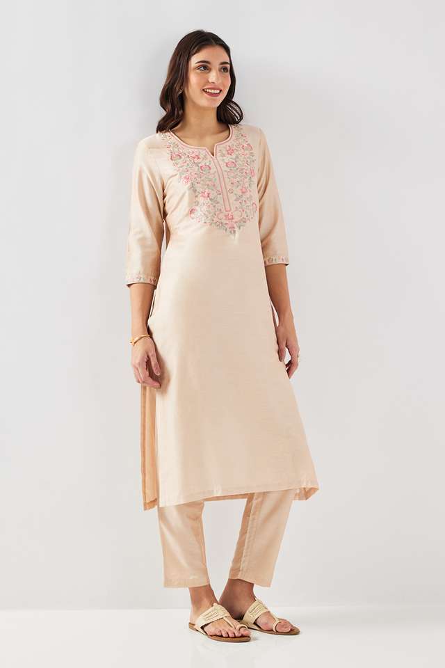 Solid-Blended-Fabric-Round-Neck-Women-s-Kurta