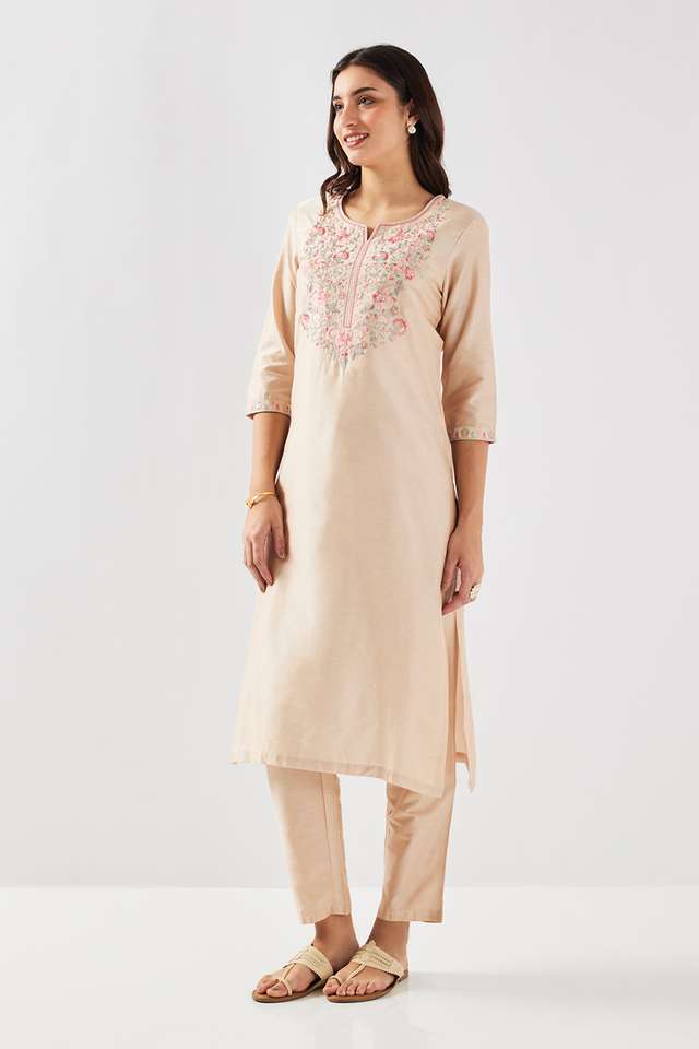 Solid-Blended-Fabric-Round-Neck-Women-s-Kurta