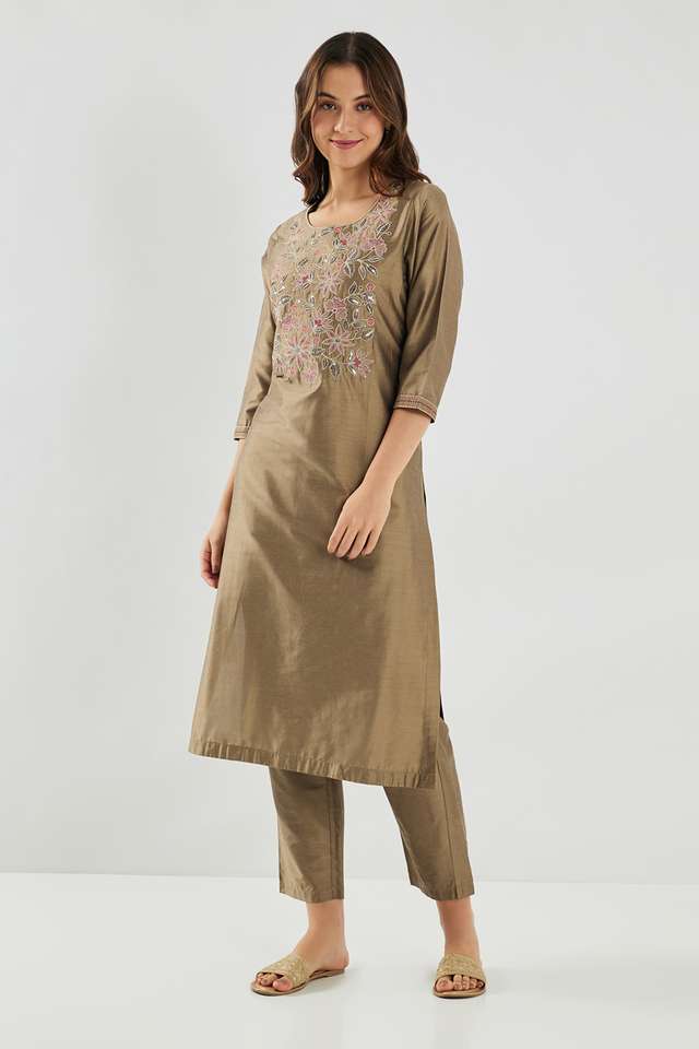 Solid-Blended-Fabric-Round-Neck-Women-s-Kurta