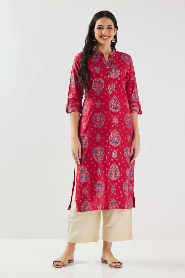 Printed-Blended-Fabric-Collared-Women-s-Kurta