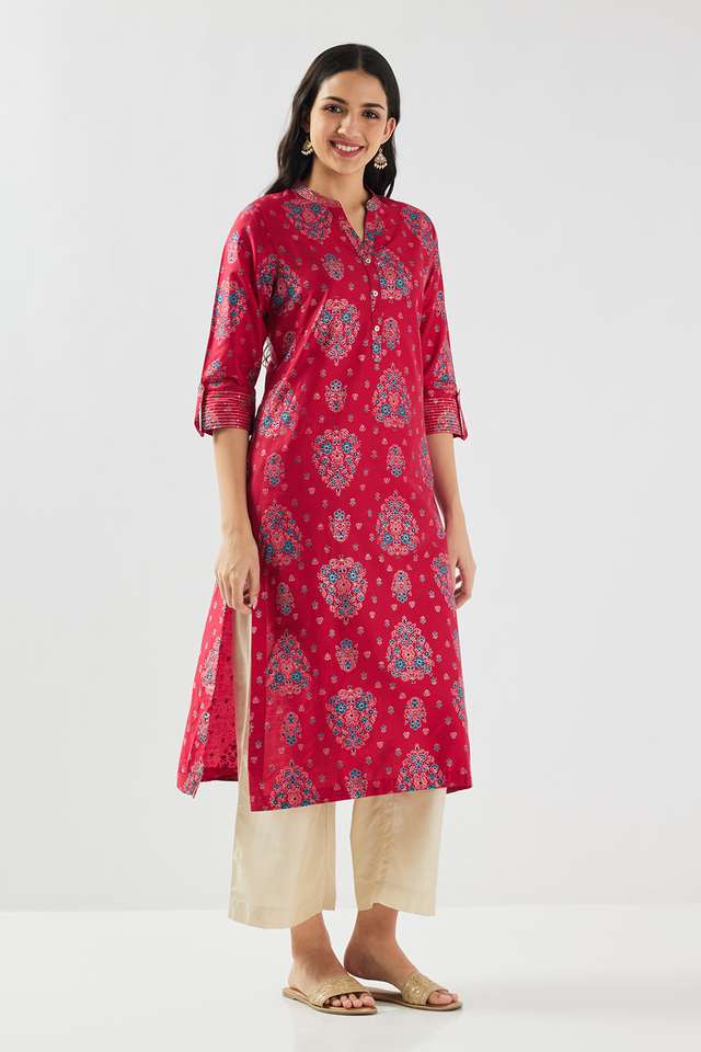 Printed-Blended-Fabric-Collared-Women-s-Kurta