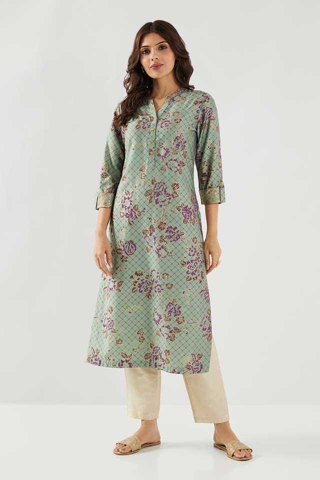 Printed-Blended-Fabric-Collared-Women-s-Kurta