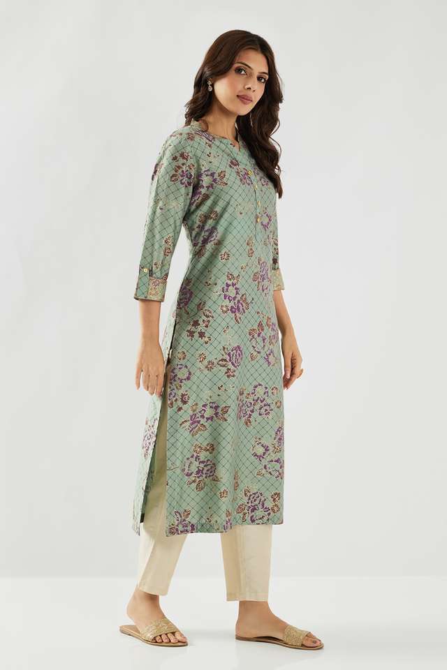 Printed-Blended-Fabric-Collared-Women-s-Kurta