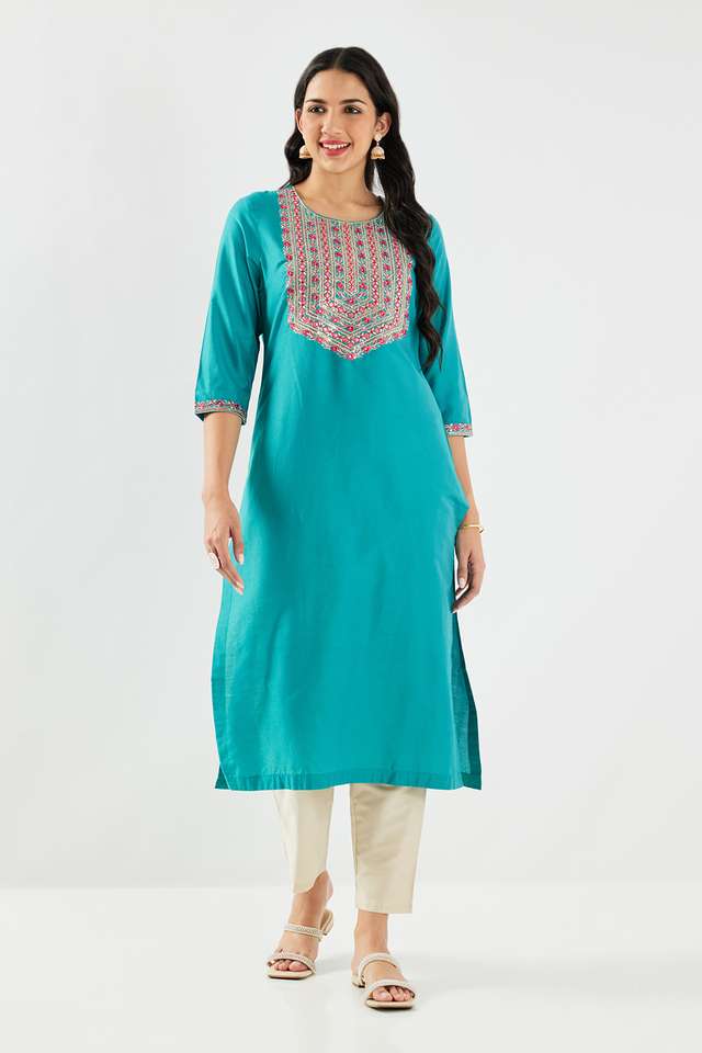 Solid-Blended-Fabric-Round-Neck-Women-s-Kurta