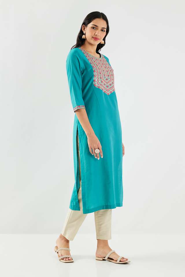 Solid-Blended-Fabric-Round-Neck-Women-s-Kurta