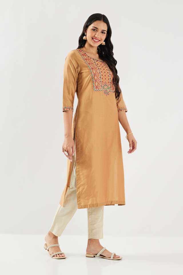 Solid-Blended-Fabric-Round-Neck-Women-s-Kurta