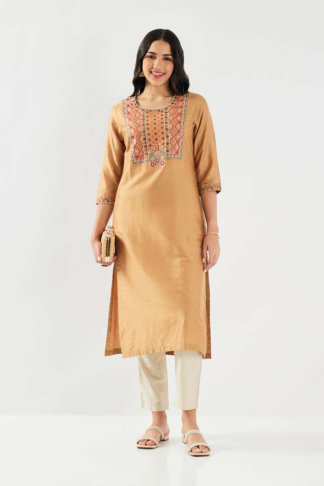Solid-Blended-Fabric-Round-Neck-Women-s-Kurta