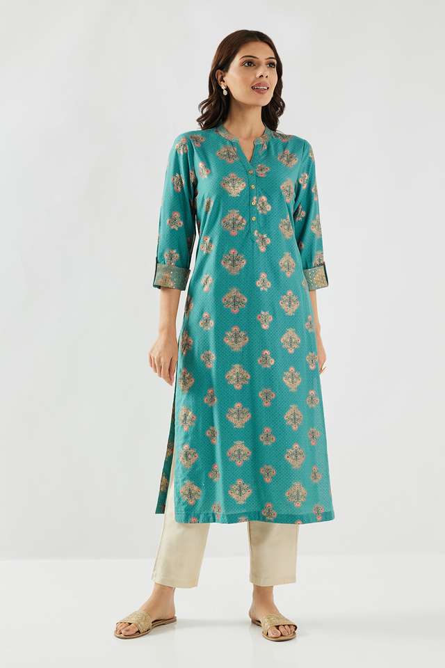 Printed-Blended-Fabric-Collared-Women-s-Kurta