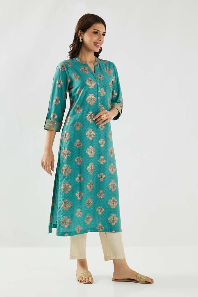 Printed-Blended-Fabric-Collared-Women-s-Kurta