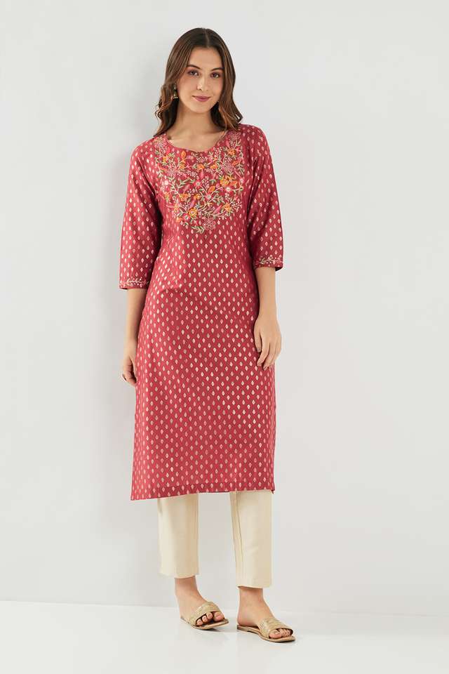 Embroidered-Blended-Fabric-Round-Neck-Women-s-Kurta