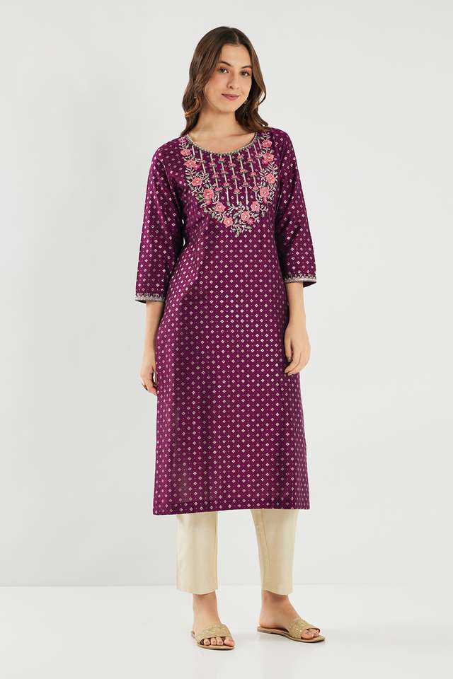 Embroidered-Blended-Fabric-Round-Neck-Women-s-Kurta