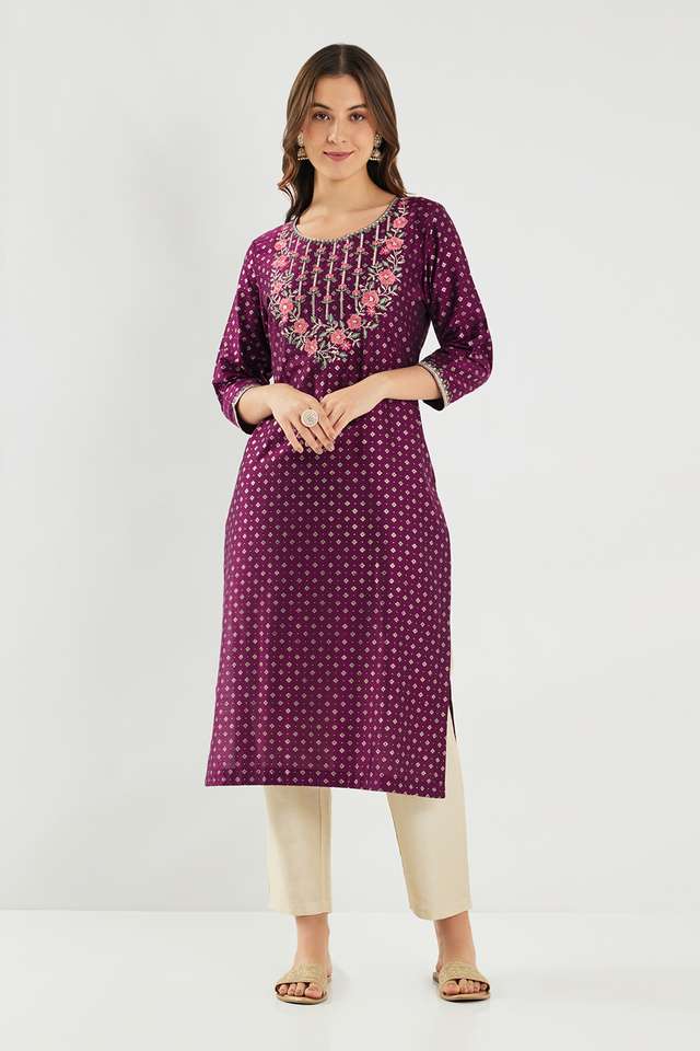 Embroidered-Blended-Fabric-Round-Neck-Women-s-Kurta