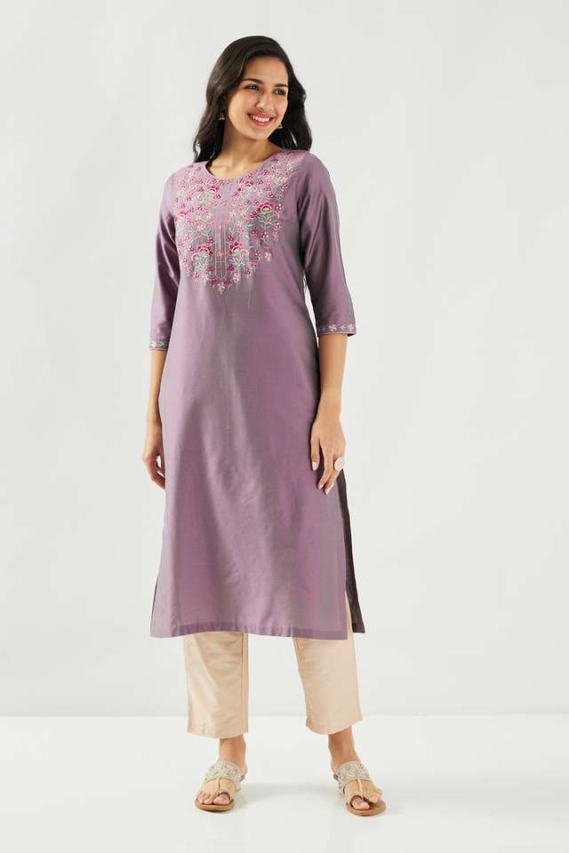 Solid-Blended-Fabric-Round-Neck-Women-s-Kurta