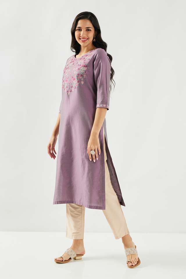 Solid-Blended-Fabric-Round-Neck-Women-s-Kurta