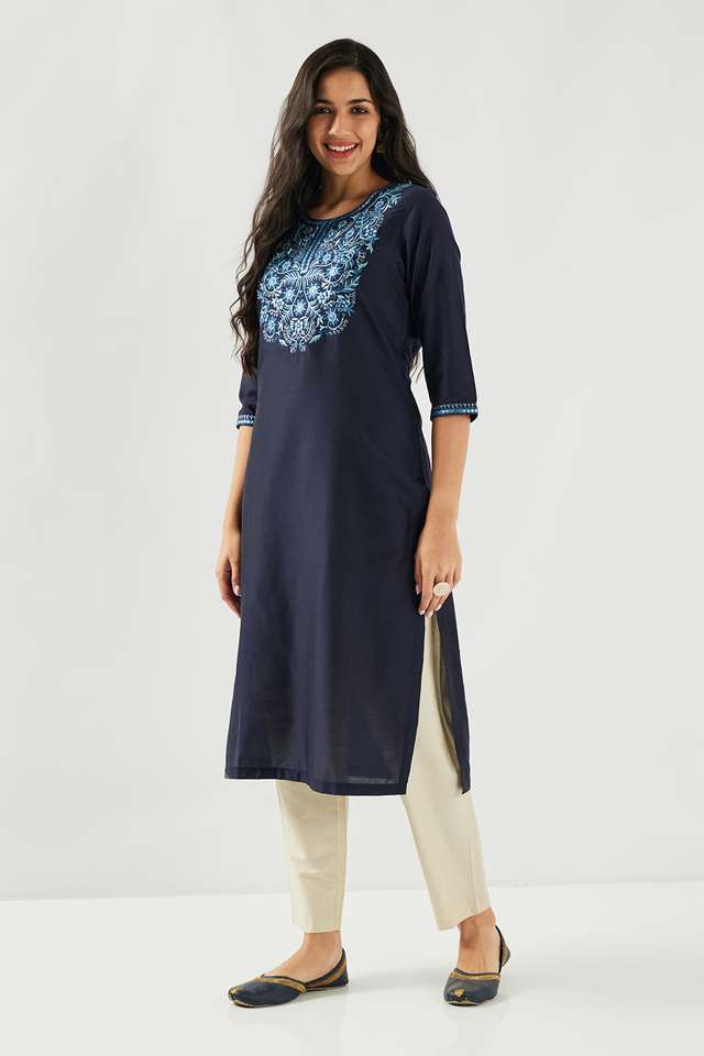 Solid-Blended-Fabric-Round-Neck-Women-s-Kurta