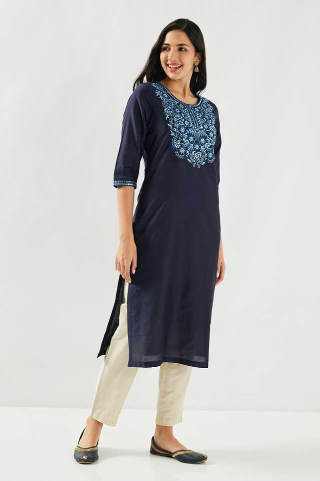 Solid-Blended-Fabric-Round-Neck-Women-s-Kurta