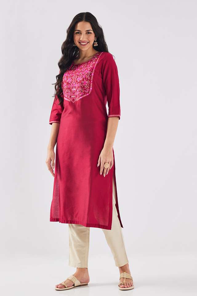 Solid-Blended-Fabric-Round-Neck-Women-s-Kurta