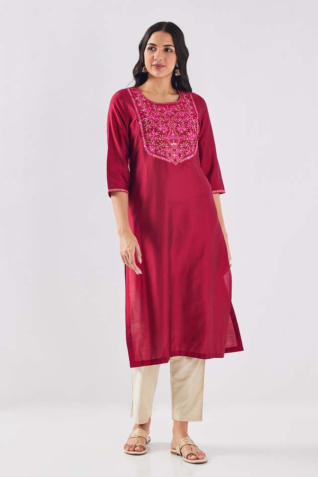 Solid-Blended-Fabric-Round-Neck-Women-s-Kurta