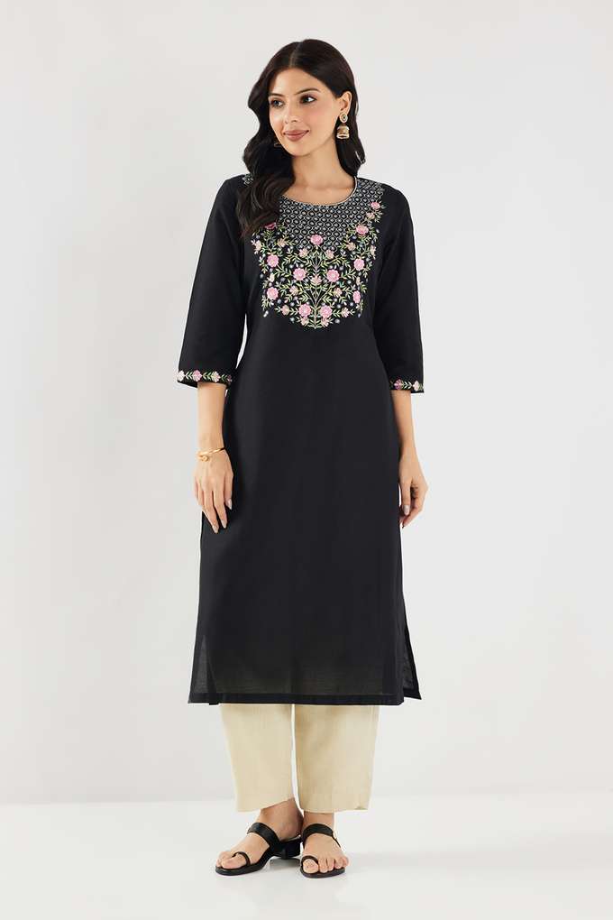 Solid-Blended-Fabric-Round-Neck-Women-s-Kurta