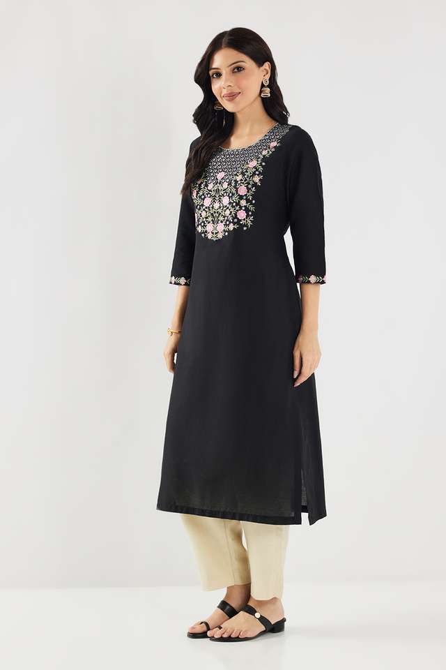 Solid-Blended-Fabric-Round-Neck-Women-s-Kurta