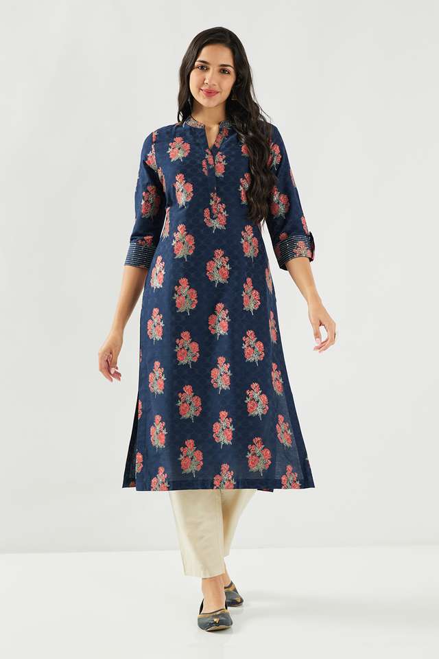 Printed-Blended-Fabric-Collared-Women-s-Kurta