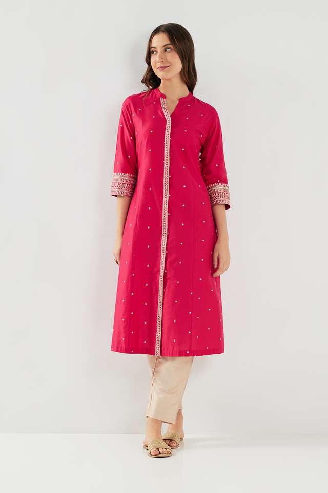 Solid-Blended-Fabric-Collared-Women-s-Kurta