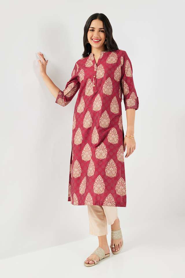 Printed-Blended-Fabric-Collared-Women-s-Kurta