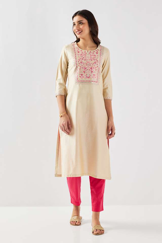Solid-Blended-Fabric-Round-Neck-Women-s-Kurta
