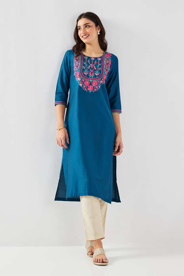 Solid-Blended-Fabric-Round-Neck-Women-s-Kurta