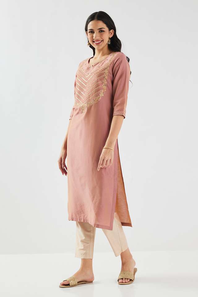 Solid-Blended-Fabric-Round-Neck-Women-s-Kurta