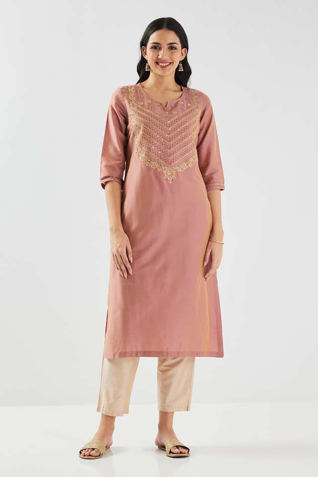 Solid-Blended-Fabric-Round-Neck-Women-s-Kurta
