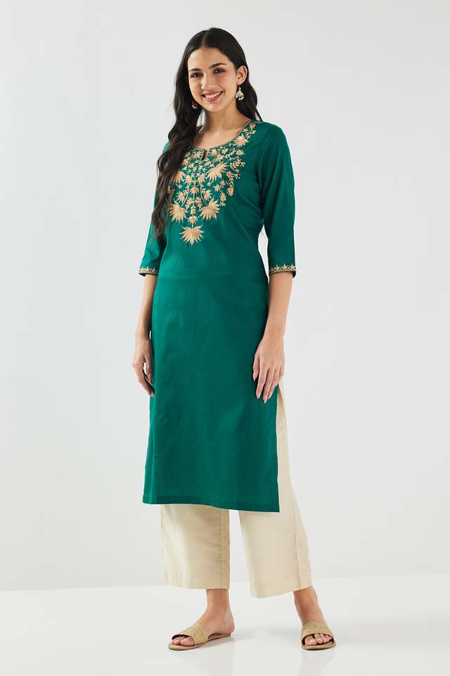 Solid-Blended-Fabric-Round-Neck-Women-s-Kurta