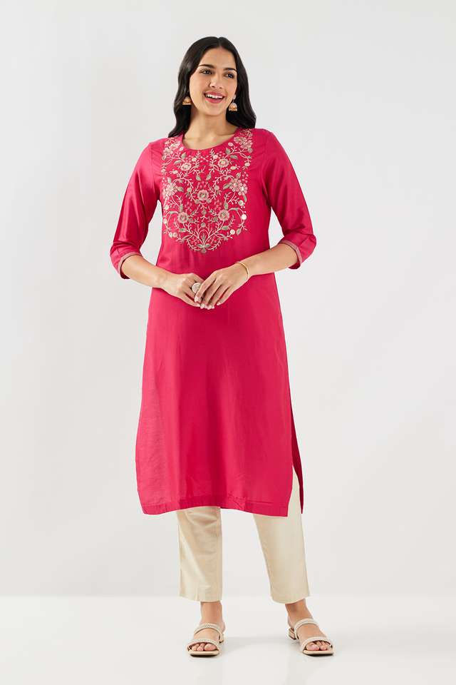 Solid-Blended-Fabric-Round-Neck-Women-s-Kurta