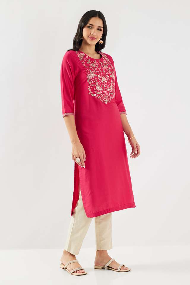 Solid-Blended-Fabric-Round-Neck-Women-s-Kurta