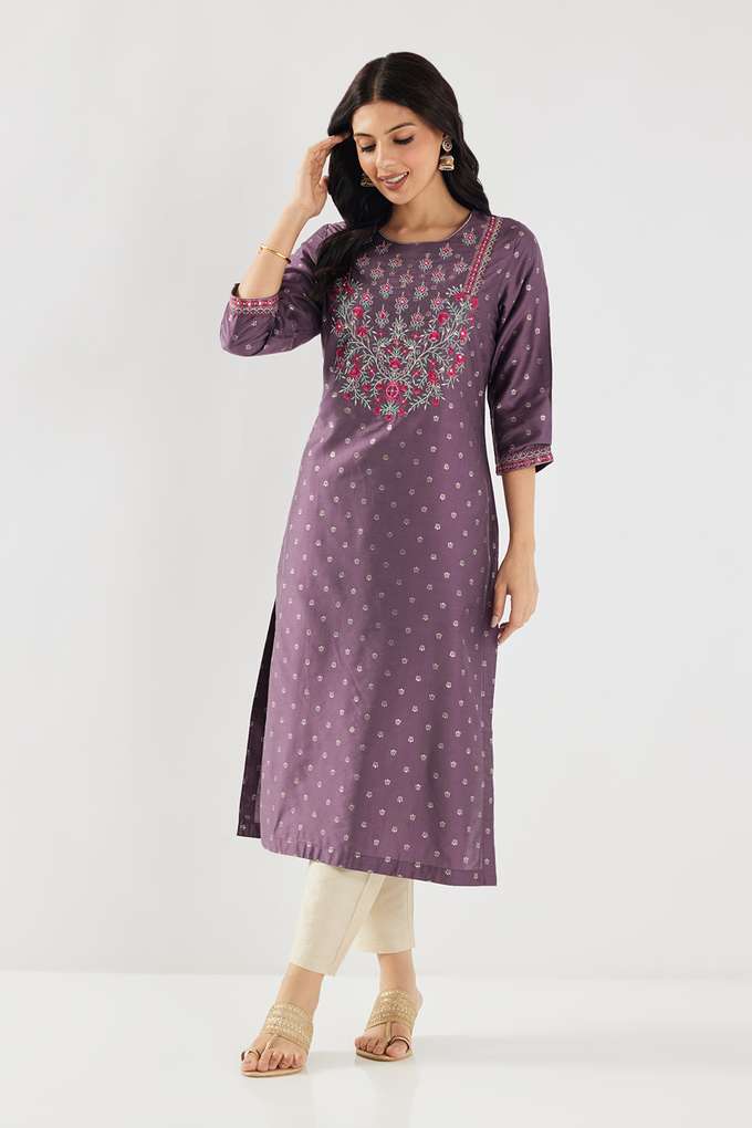 Embroidered-Blended-Fabric-Round-Neck-Women-s-Kurta