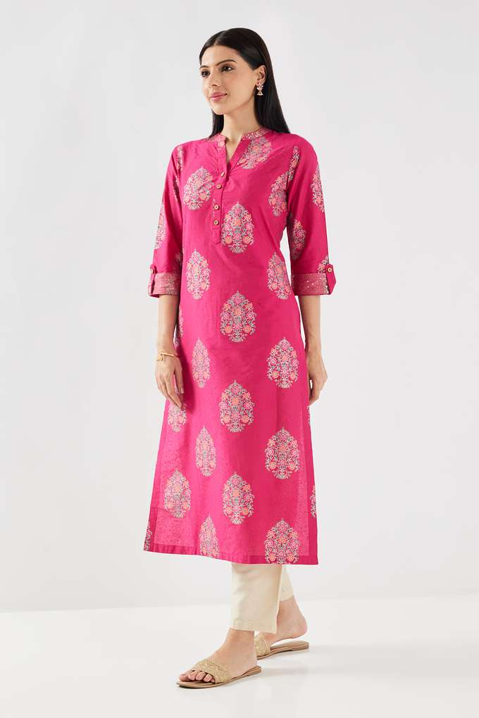 Printed-Blended-Fabric-Collared-Women-s-Kurta
