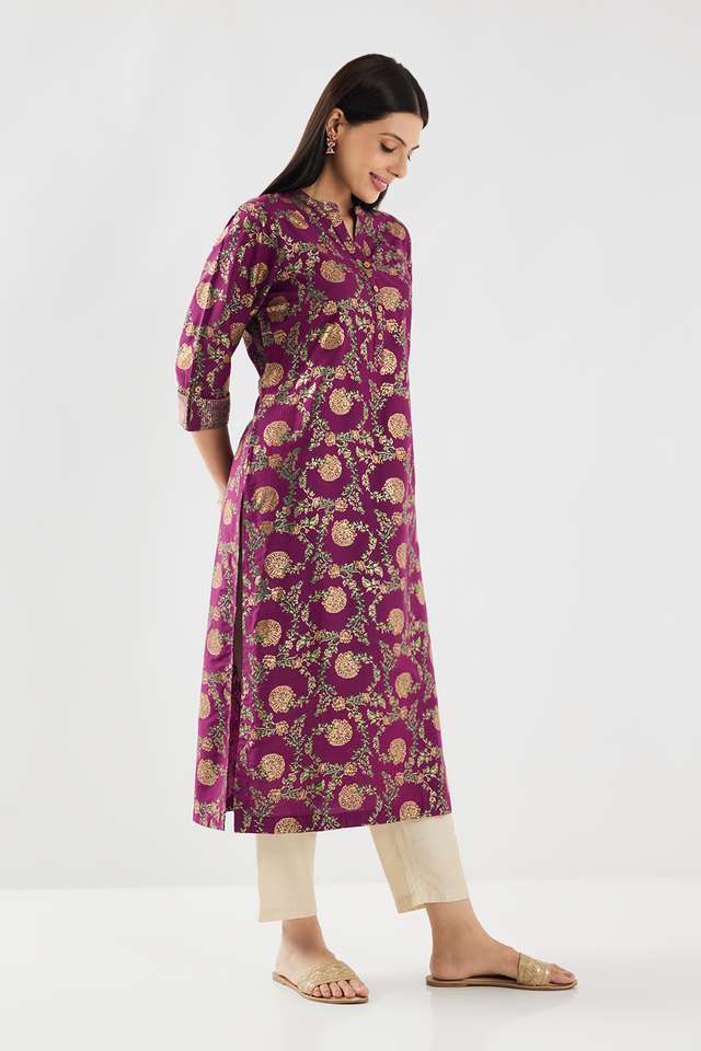 Printed-Blended-Fabric-Collared-Women-s-Kurta