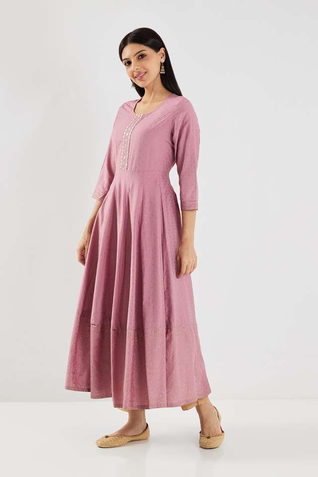 Printed-Blended-Fabric-Round-Neck-Women-Fusion-Wear-Kurta