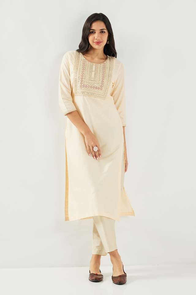 Solid-Blended-Fabric-Round-Neck-Women-s-Kurta