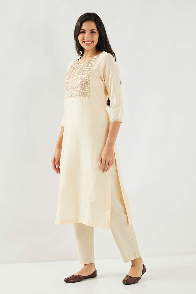 Solid-Blended-Fabric-Round-Neck-Women-s-Kurta